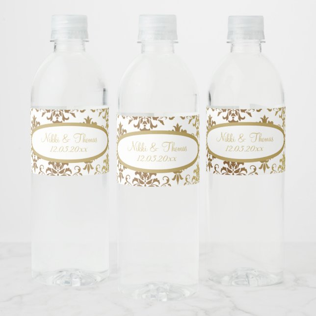 Étiquette Pour Bouteilles D'eau Gold Damask White Script Mariage élégant (Bouteilles)