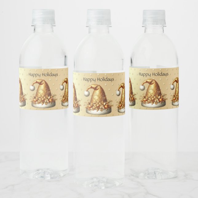 Étiquette Pour Bouteilles D'eau Gold Santa Hat Holiday (Bouteilles)