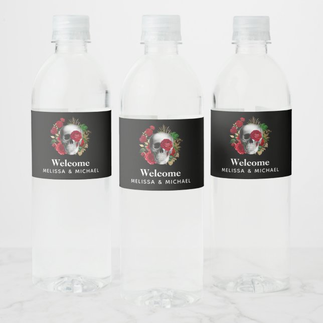 Étiquette Pour Bouteilles D'eau Goth Crâne avec Fleurs rouges et Mariage Feuille o (Bouteilles)