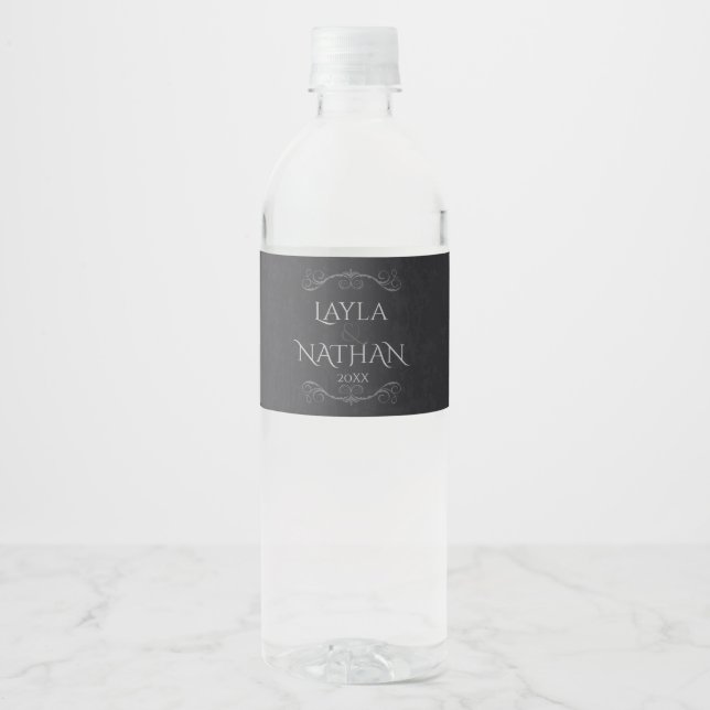 Étiquette Pour Bouteilles D'eau Gothique, noir et gris damassé (Devant)