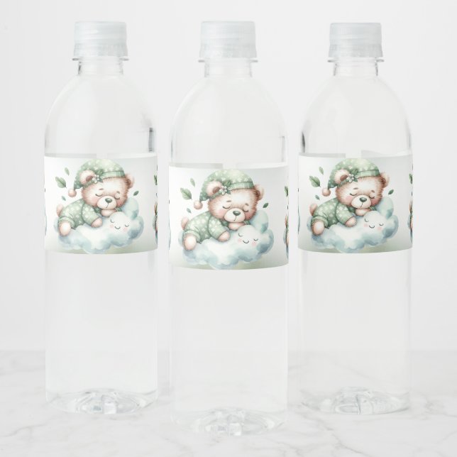Étiquette Pour Bouteilles D'eau Green Boho Sleeping Teddy Bear mignonne Party (Bouteilles)