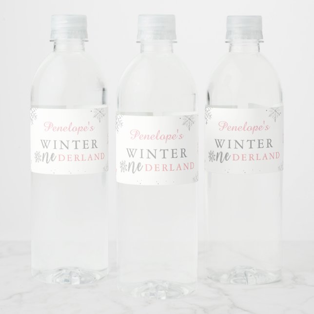 Étiquette Pour Bouteilles D'eau Hiver Onederland Pink Silver 1er anniversaire (Bouteilles)