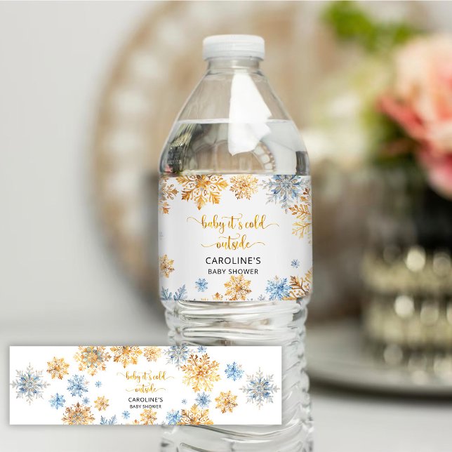 Étiquette Pour Bouteilles D'eau Il fait froid dehors Golden Snowflakes Baby (Créateur téléchargé)