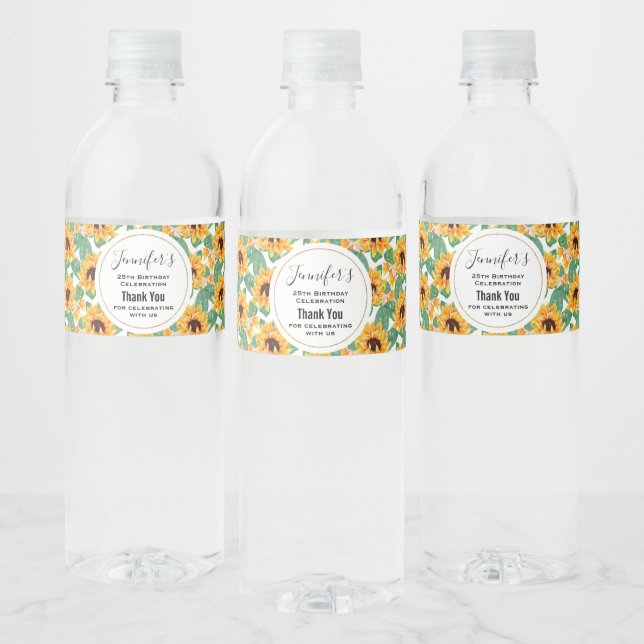 Étiquette Pour Bouteilles D'eau Joli tournesol Jaune & Vert Motif Anniversaire (Bouteilles)
