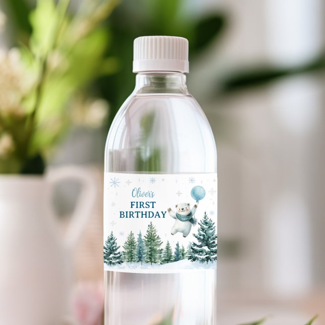 Étiquette Pour Bouteilles D'eau Jour d'anniversaire de l'ours polaire d'hiver (Créateur téléchargé)