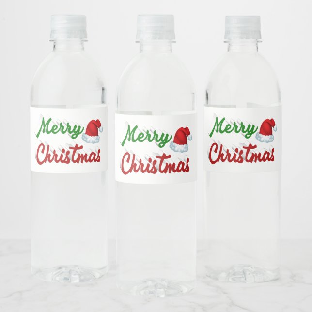 Étiquette Pour Bouteilles D'eau Joyeux Noël Santa Chapeau rouge vert script (Bouteilles)