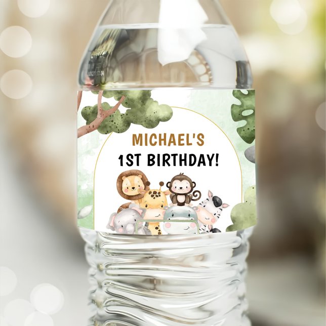 Étiquette Pour Bouteilles D'eau Jungle Safari Party Animaux 1er anniversaire (Créateur téléchargé)