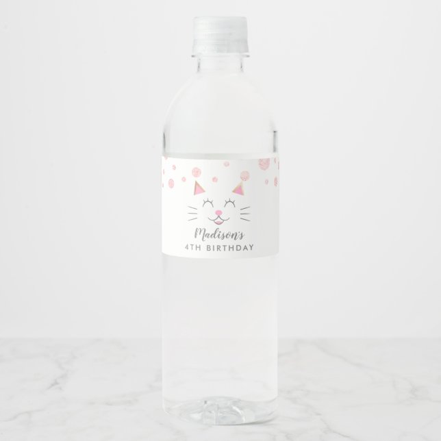 Étiquette Pour Bouteilles D'eau Kitty Chat thème Anniversaire rose (Devant)