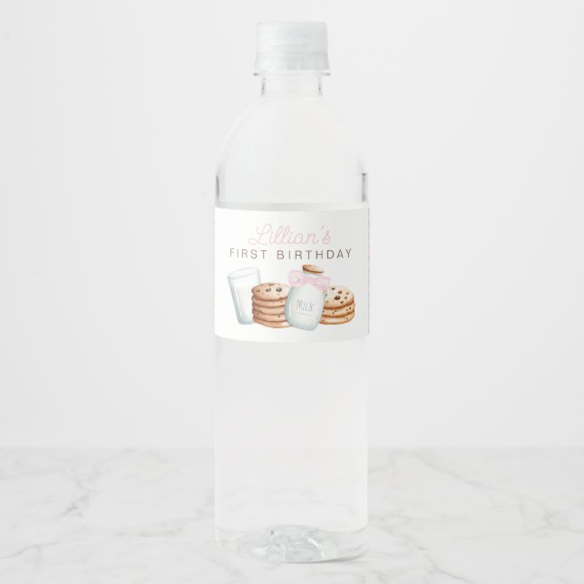 Étiquette Pour Bouteilles D'eau Lait et biscuits Anniversaire rose (Devant)