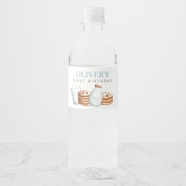 Étiquette Pour Bouteilles D'eau Lait et cookies Anniversaire bleu (Devant)