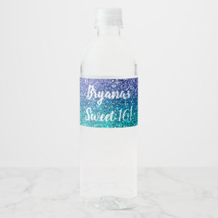 Étiquette Pour Bouteilles D'eau Lila Lavande & Vert Aqua Sarcelle Pailleté Scintil