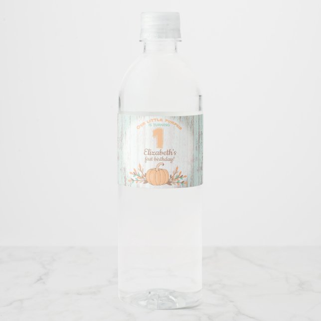 Étiquette Pour Bouteilles D'eau Little Citrouille Fall Rustique 1er anniversaire (Devant)