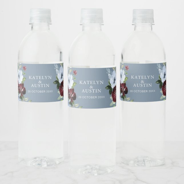 Étiquette Pour Bouteilles D'eau mariage à fleurs bleues bordeaux (Bouteilles)