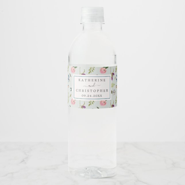Étiquette Pour Bouteilles D'eau Mariage à motifs floraux peints (Devant)