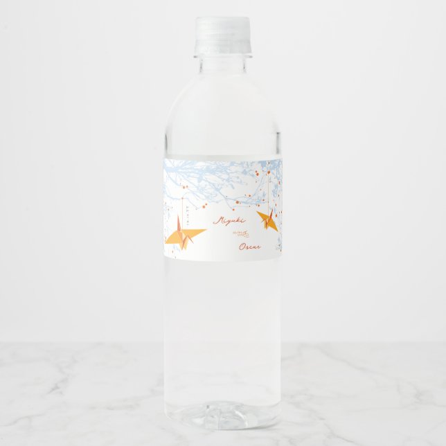 Étiquette Pour Bouteilles D'eau Mariage asiatique  orange Origami (Devant)