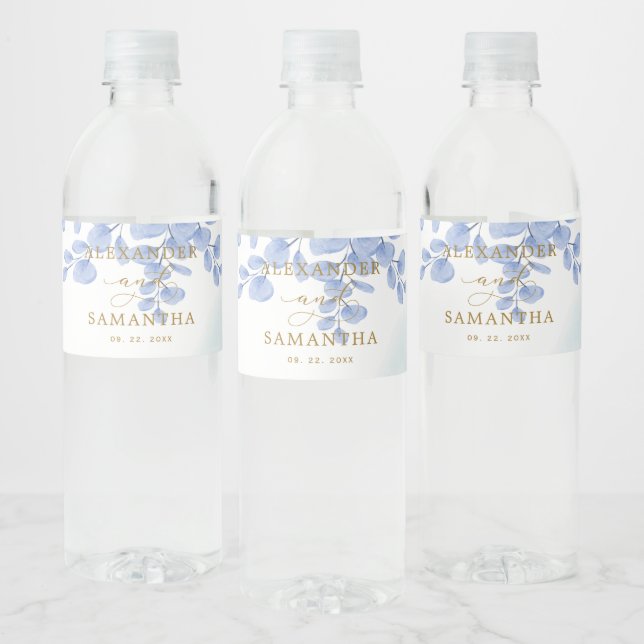 Étiquette Pour Bouteilles D'eau Mariage bleu dusty minimal Feuille d'Eucalyptus (Bouteilles)