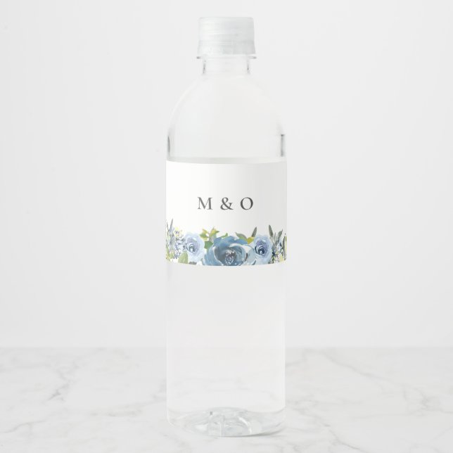 Étiquette Pour Bouteilles D'eau Mariage botanique bleu Dusty (Devant)
