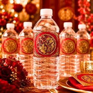 Étiquette Pour Bouteilles D'eau Mariage Chinois Dragon Phénix Rouge Or 