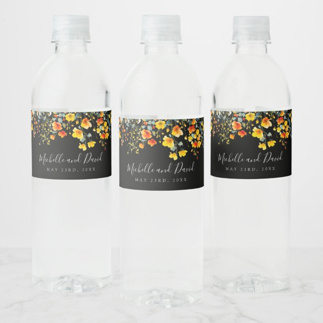 Étiquette Pour Bouteilles D'eau Mariage d'aquarelle couleur noire (Bouteilles)