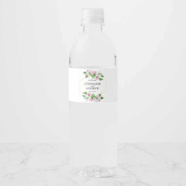 Étiquette Pour Bouteilles D'eau Mariage d'aquarelle rose |Apple Blossom (Devant)