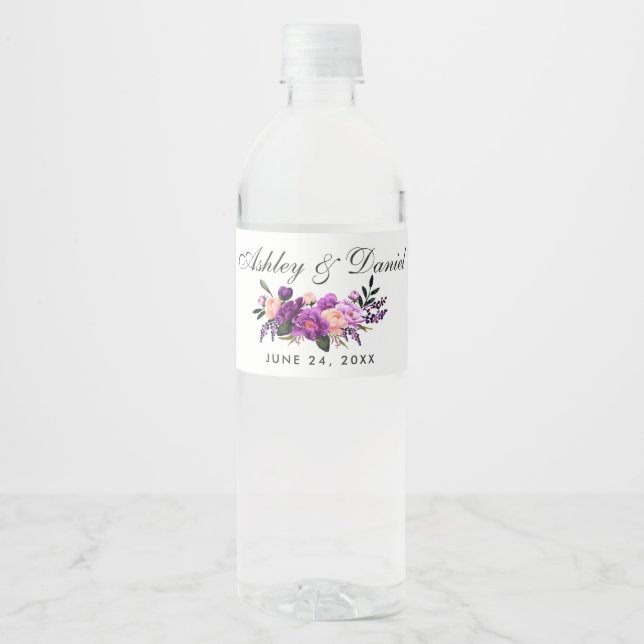 Étiquette Pour Bouteilles D'eau Mariage d'aquarelle violet ultra violet (Devant)