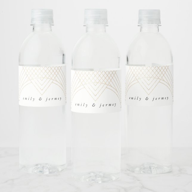 Étiquette Pour Bouteilles D'eau Mariage d'Art Déco Géométrique Ovale Blanc Or (Bouteilles)