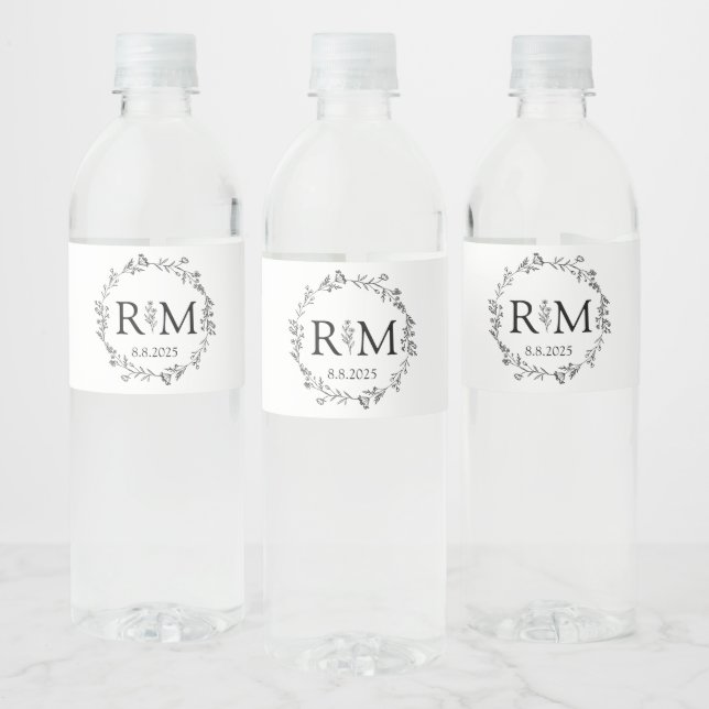 Étiquette Pour Bouteilles D'eau mariage de monogramme botanique noir et blanc (Bouteilles)