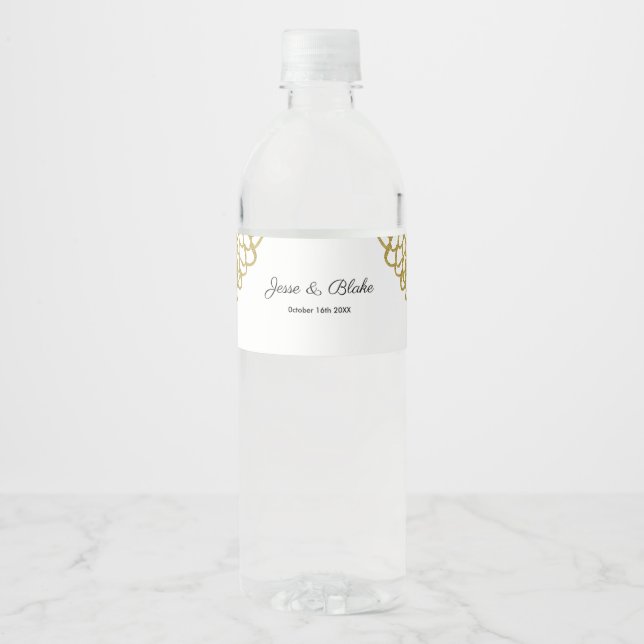 Étiquette Pour Bouteilles D'eau Mariage de Motif pétale dessiné à la main d'or (Devant)