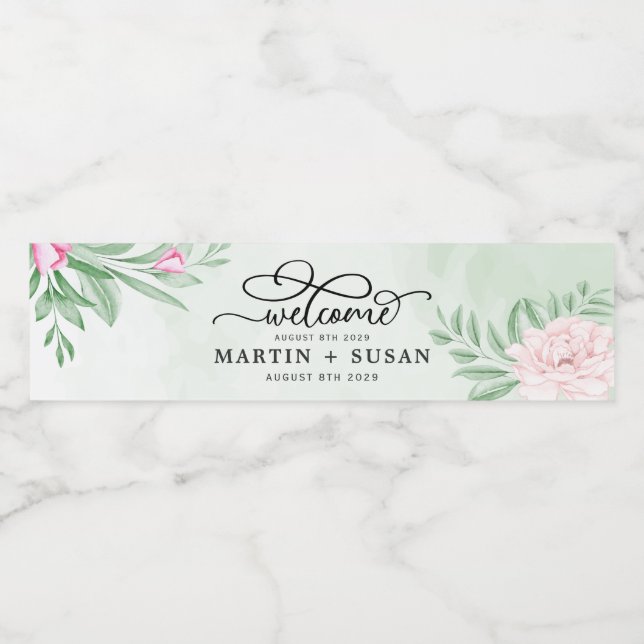 Étiquette Pour Bouteilles D'eau Mariage d'eucalyptus rose rose pâle minimal (Étiquettes simples)