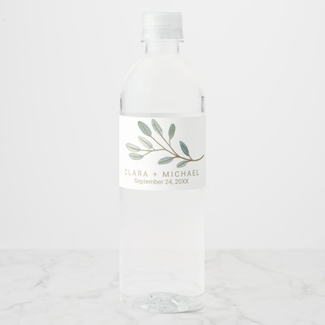 Étiquette Pour Bouteilles D'eau Mariage d'eucalyptus veiné or (Devant)