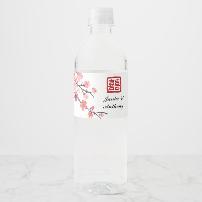 Étiquette Pour Bouteilles D'eau Mariage d'oiseau fleuri à l'encre chinoise (Devant)