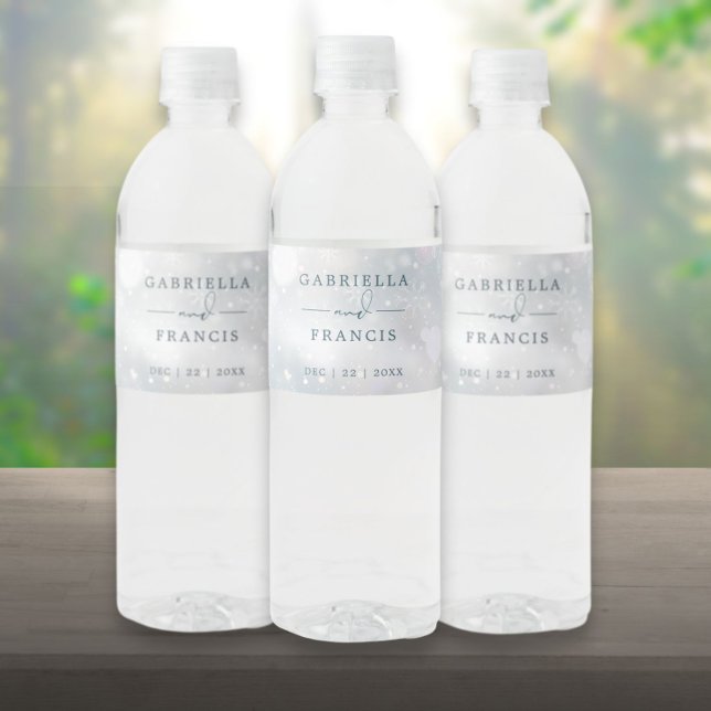 Étiquette Pour Bouteilles D'eau Mariage enneigé au pays des merveilles de l'hiver (Winter Wonderland Snow Wedding Water Bottle Label)