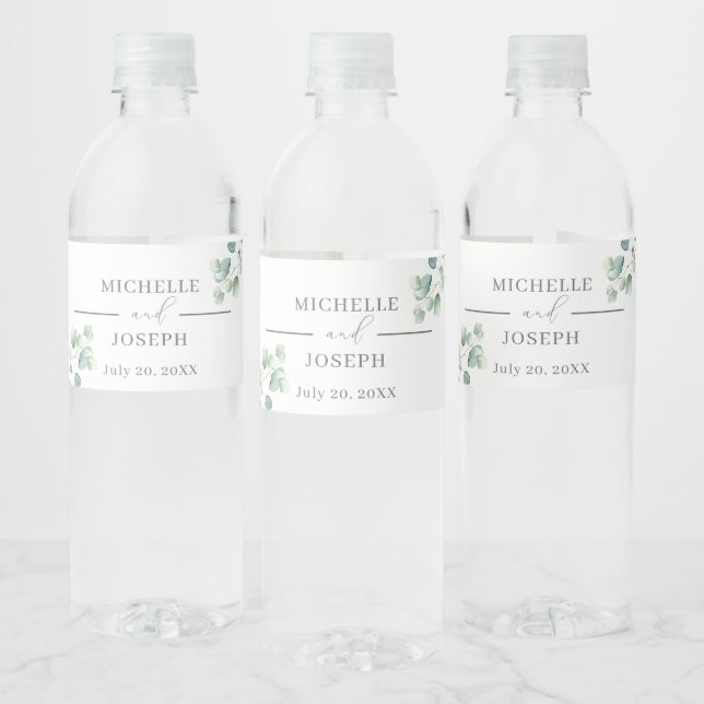 Étiquette Pour Bouteilles D'eau Mariage Eucalyptus Sage Vert Aquarelle (Bouteilles)
