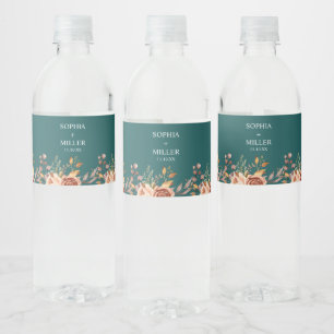 Étiquette Pour Bouteilles D'eau Mariage floral à l'aquarelle sarcelle et terre cui