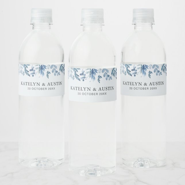 Étiquette Pour Bouteilles D'eau mariage floral bleu poussiéreux (Bouteilles)