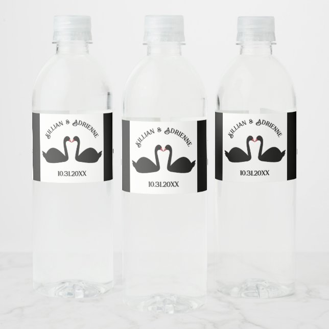 Étiquette Pour Bouteilles D'eau Mariage gothique Baiser Black Swans Personnalisé (Bouteilles)