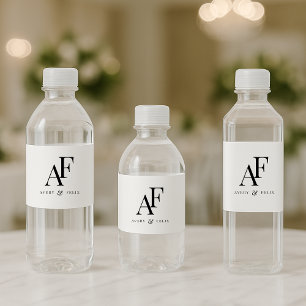 Étiquette Pour Bouteilles D'eau Mariage Monogramme noir et blanc Élégant simple