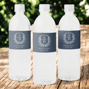 Étiquette Pour Bouteilles D'eau Marine Blue Monogram Mariage Floral Crest