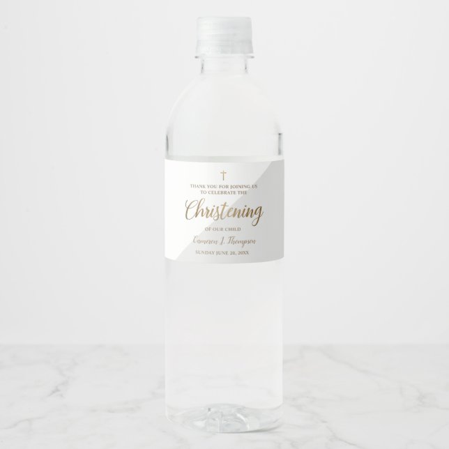 Étiquette Pour Bouteilles D'eau Merci moderne Gris or Christening (Devant)