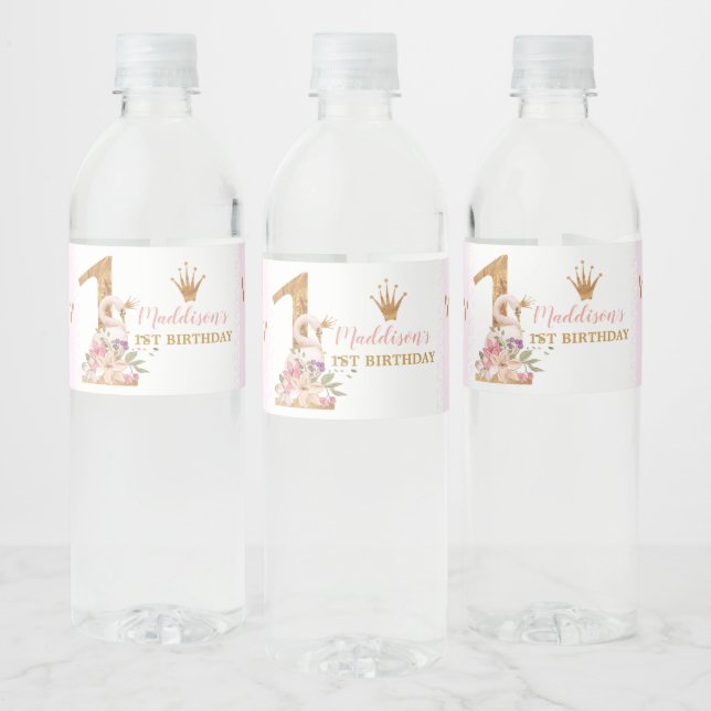 Étiquette Pour Bouteilles D'eau Mignonne Swan Princesse 1er anniversaire (Bouteilles)