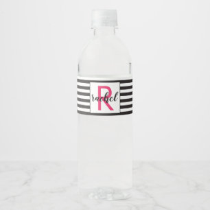 Étiquette Pour Bouteilles D'eau Monogramme à rayures noires et blanches modernes