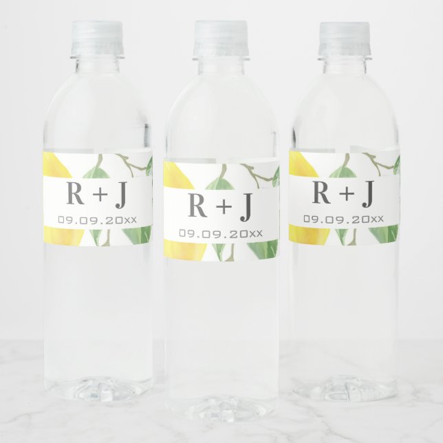 Étiquette Pour Bouteilles D'eau Monogramme Feuille citron aquarelle (Bouteilles)