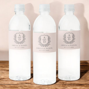 Étiquette Pour Bouteilles D'eau Monogramme rose poussiéreux Mariage Floral Crest
