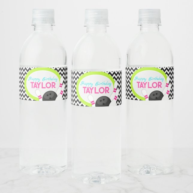 Étiquette Pour Bouteilles D'eau Neon Chevron Bowling Birthday Water Bottle Étiquet (Bouteilles)