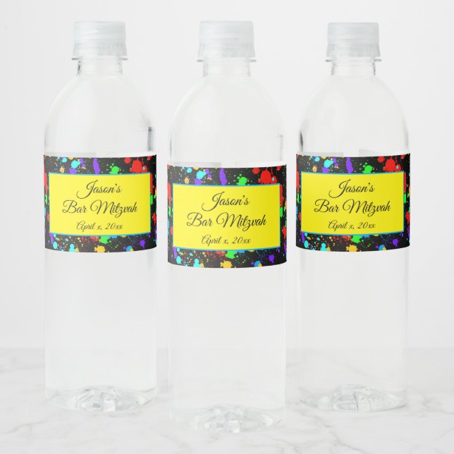Étiquette Pour Bouteilles D'eau Neon Paint Splatter Bat mitzvah, Anniversaire (Bouteilles)