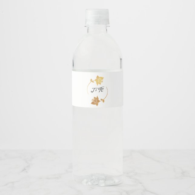 Étiquette Pour Bouteilles D'eau Noir Blanc Golden Flower Monogramme initial (Devant)