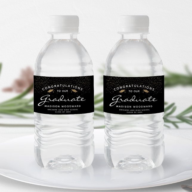 Étiquette Pour Bouteilles D'eau Noir Blanc Script Gold Casquette Graduation (Créateur téléchargé)