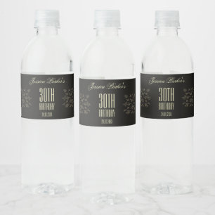 Étiquette Pour Bouteilles D'eau Noir Élégant Floral Adulte Anniversaire