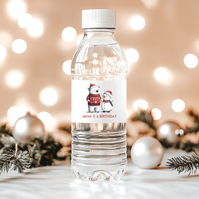 Étiquette Pour Bouteilles D'eau Ours d'hiver rouge et neige | Winter Wonderland (Créateur téléchargé)