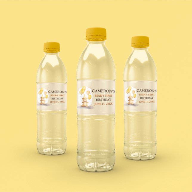 Étiquette Pour Bouteilles D'eau Ours Premier anniversaire Sexe Ours jaune neutre (Créateur téléchargé)